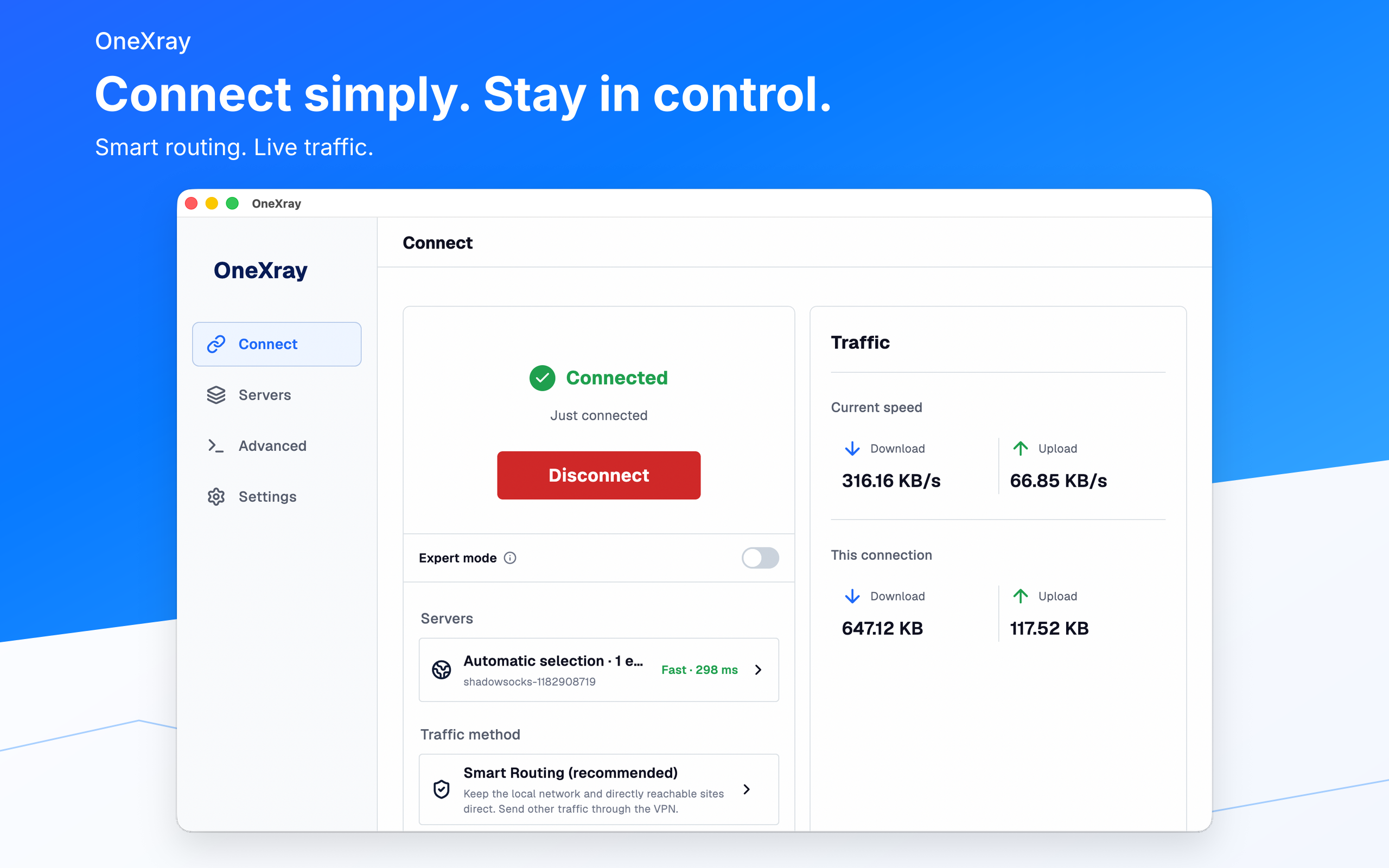 OneXray on macOS showing server selection, Smart Routing, live speeds, and current-connection traffic.